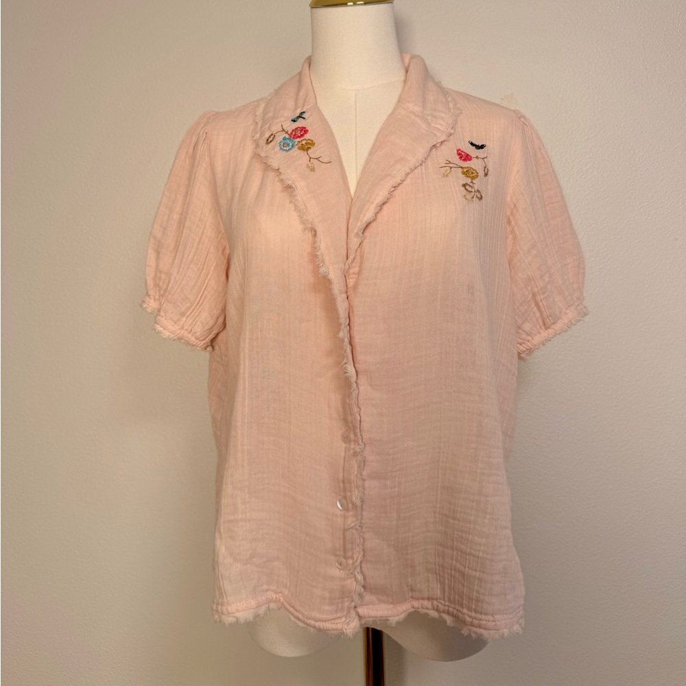Anthropologie Romilly Soft Gauze PJ Embroidered Pale Pink Top Sz XS Oversized - Picture 3 of 10